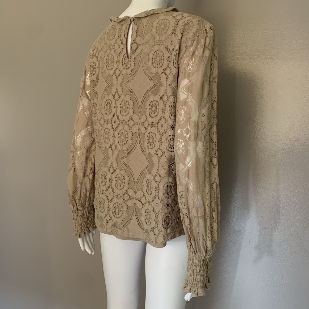 ULTRA PINK‎ Cute Floral Lace Beige Top Smocked Long Sheer Sleeve Mock Blouse L - Picture 14 of 16
